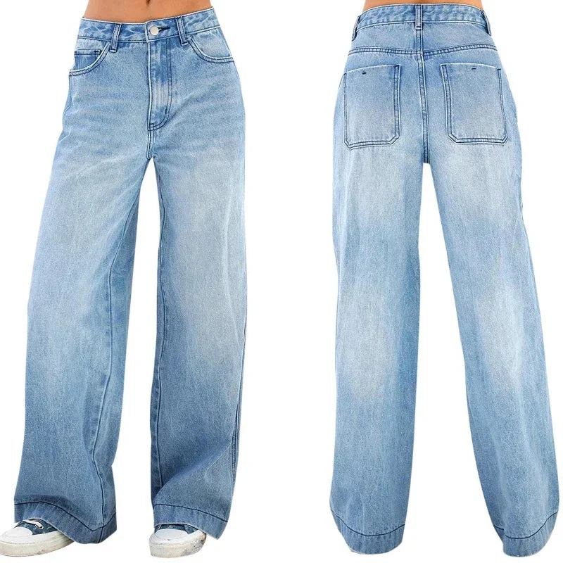Women's Denim Pants Jeans High Waist Wide Leg Pants with Pockets Fashion Casual Long Trousers 2025 New Korean Streetwear