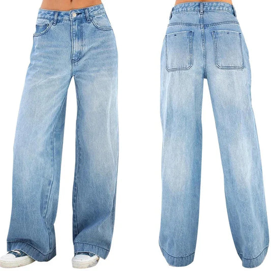 Women's Denim Pants Jeans High Waist Wide Leg Pants with Pockets Fashion Casual Long Trousers 2025 New Korean Streetwear