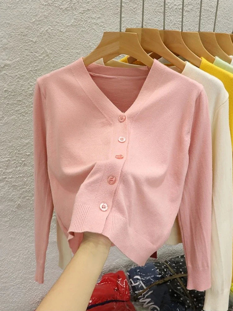 AOSSVIAO Korean Style V-neck Knitted Cardigan 2025 Autumn New Black Sweater Solid Color Long Sleeved Casual Tops