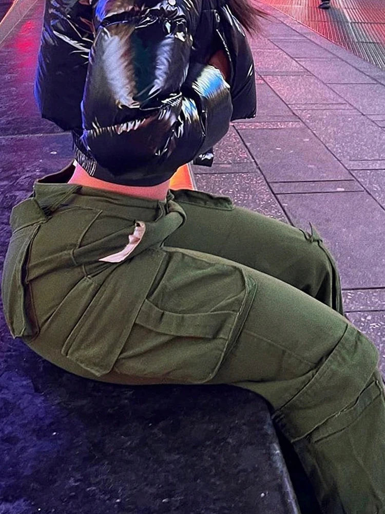 Womens New Denim Cargo Pants Retro Loose Trousers Multi Pocket Hip Hop Jeans Streetwear Wide Leg Casual Straight Pants TC708321