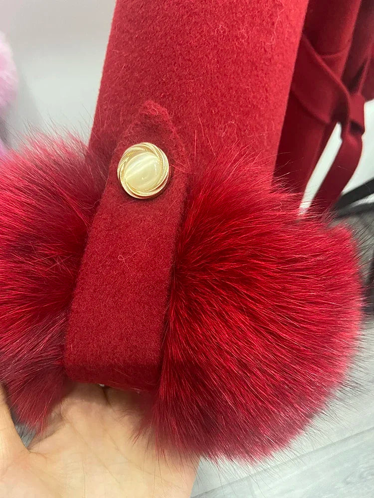 Fashion Women Winter Handmade Double Side 100% Woolen Red Color Real Fox Fur Collar Long Warm Female Wool Coat