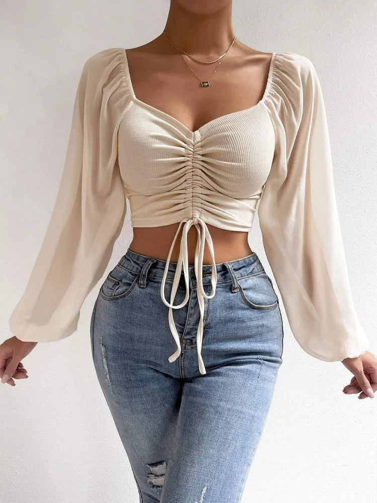 Women's Polo Shirt Brand Lantern Sleeve Polo Shirts For Women Drawstring Women's Casual Shirt Sexy Pulovers Womens Tops Blouses