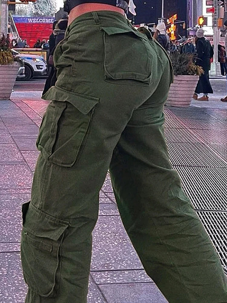 Womens New Denim Cargo Pants Retro Loose Trousers Multi Pocket Hip Hop Jeans Streetwear Wide Leg Casual Straight Pants TC708321