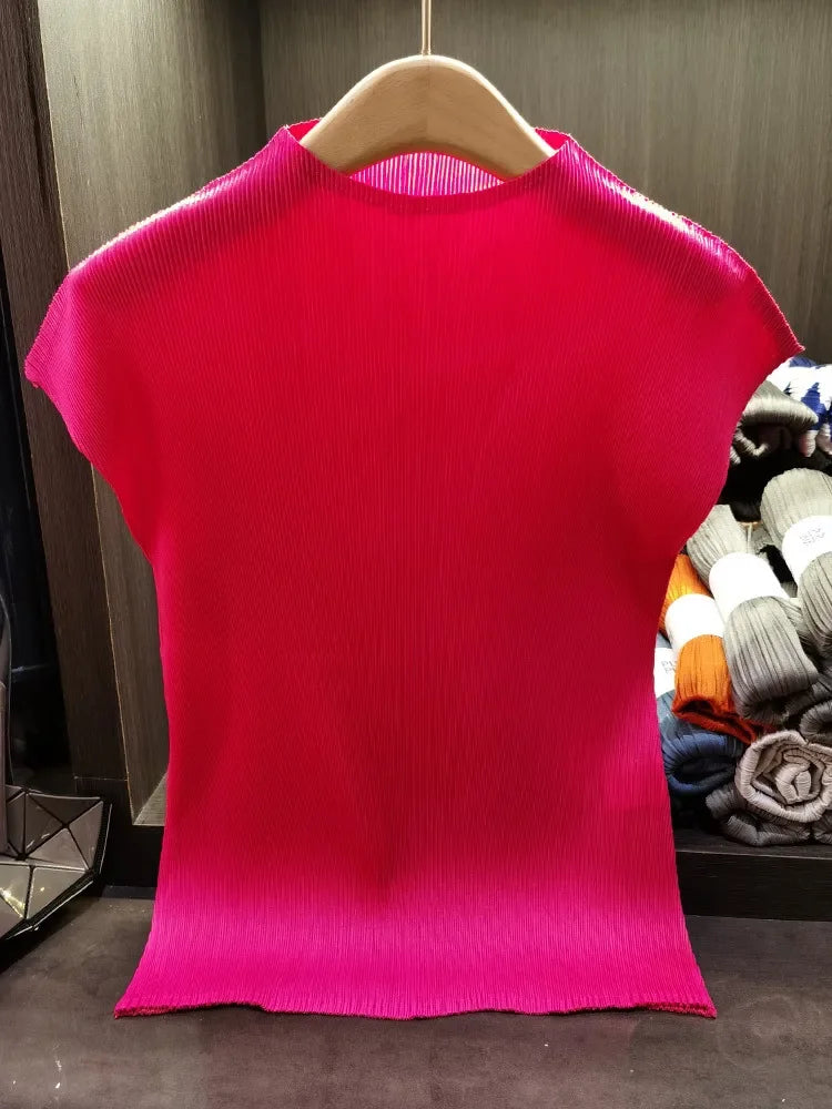 Miyake Versatile Classic Simple Solid Color Stand Up Collar Pleated Top Women Slim Slim Short Sleeve Miyake T-shirt Summer 2024