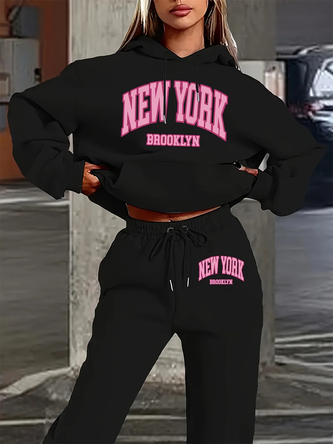 Women's Autumn/Winter Hoodie+Sports Pants Set for Street Casual New York Brooklyn Printed Fashion and Velvet Warm Clothing