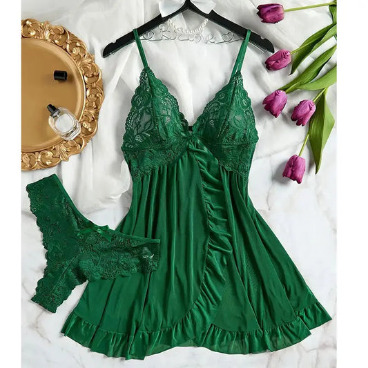Soft Sheer Nighty Pajamas Hotselling Nightgowns Dark Green Halter Dress Women Sleepwear Sexy Bra Plus Size Nightdress Thong Sets
