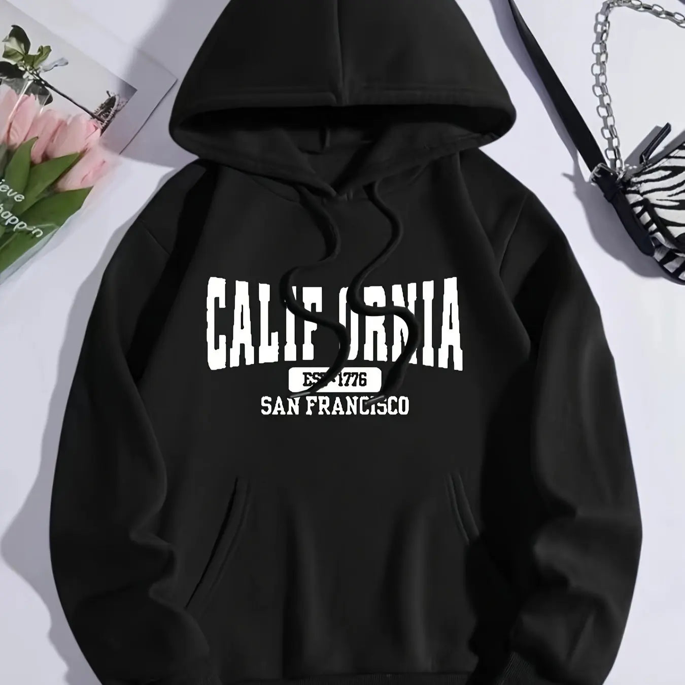 Women's casual hoodie sweatshirt with California letter print round neck long sleeved, autumn and winter regular edition