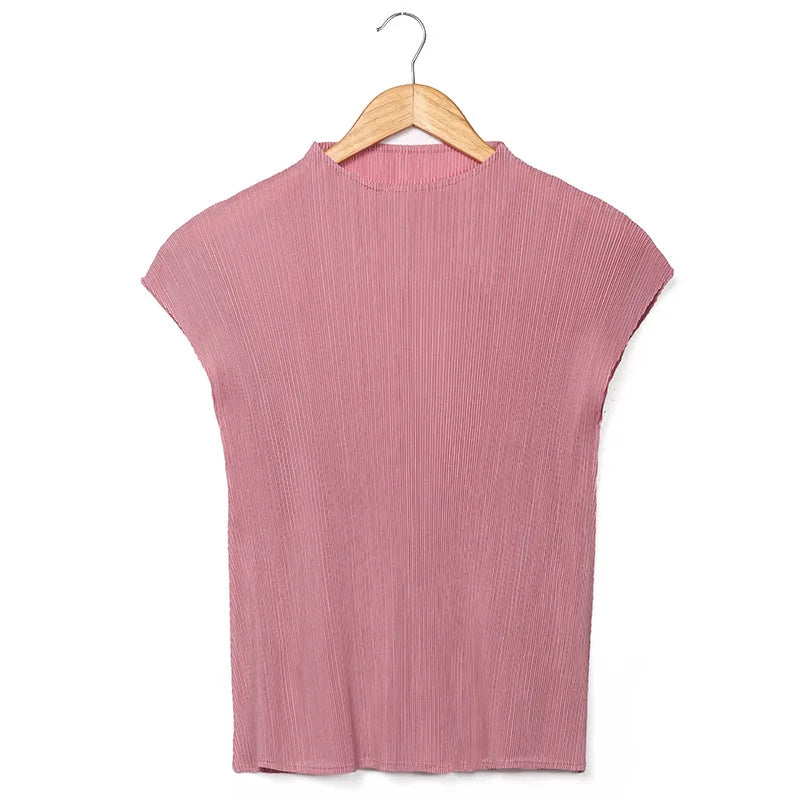 Miyake Versatile Classic Simple Solid Color Stand Up Collar Pleated Top Women Slim Slim Short Sleeve Miyake T-shirt Summer 2024
