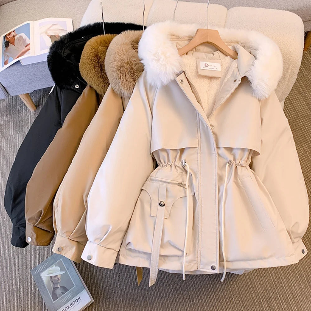 Autumn Winter Fleece Zipper Jackets Fashion Women Lined Hood Down Warm Padded Parkas Casual Office Lady Commute Puffer Coats