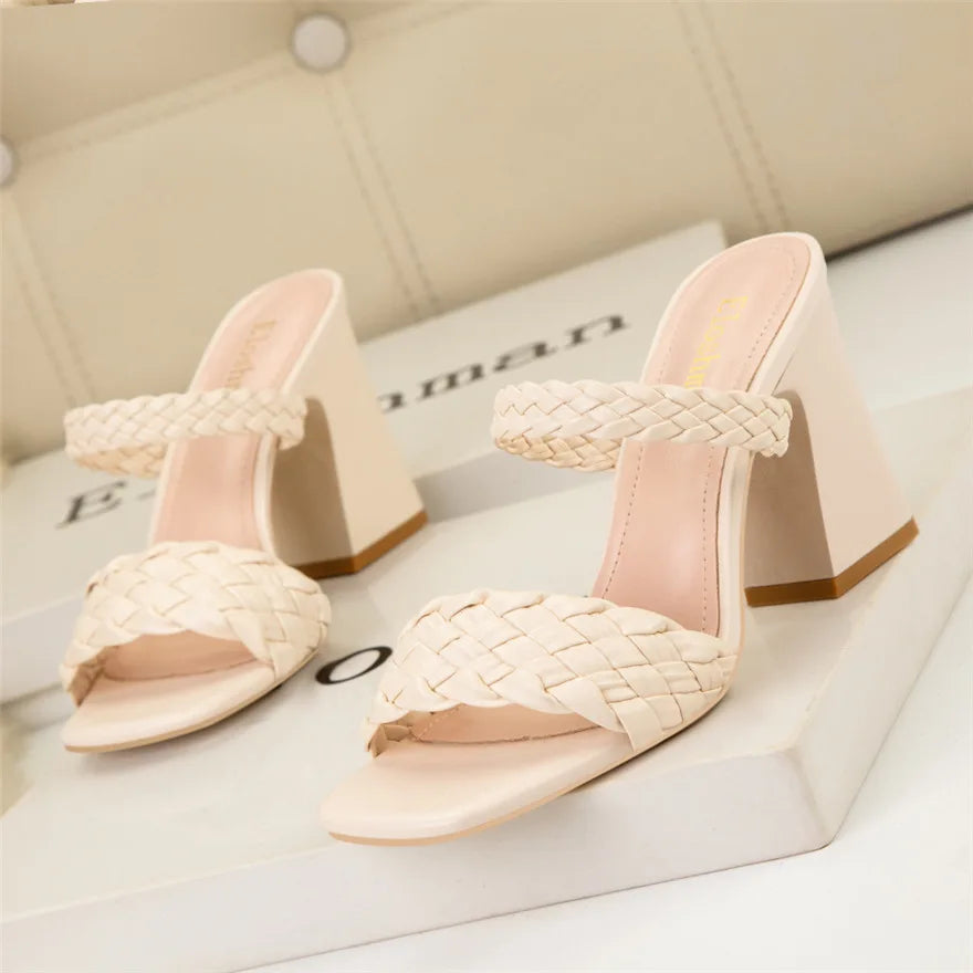 Fashion Weave Thick Heel Women's Slippers Square Toe Summer Casual Ladies Slides Red Orange Shoes Slip On Beach Sexy Pumps Woman