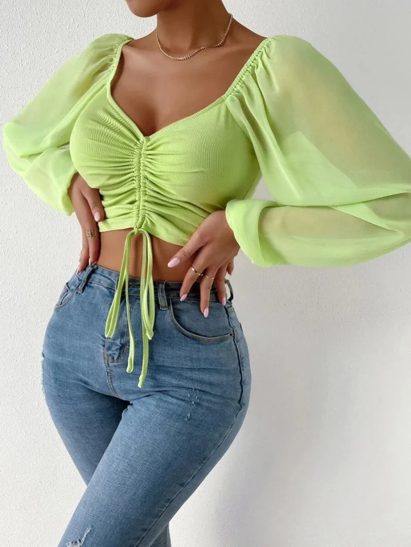 Women's Polo Shirt Brand Lantern Sleeve Polo Shirts For Women Drawstring Women's Casual Shirt Sexy Pulovers Womens Tops Blouses