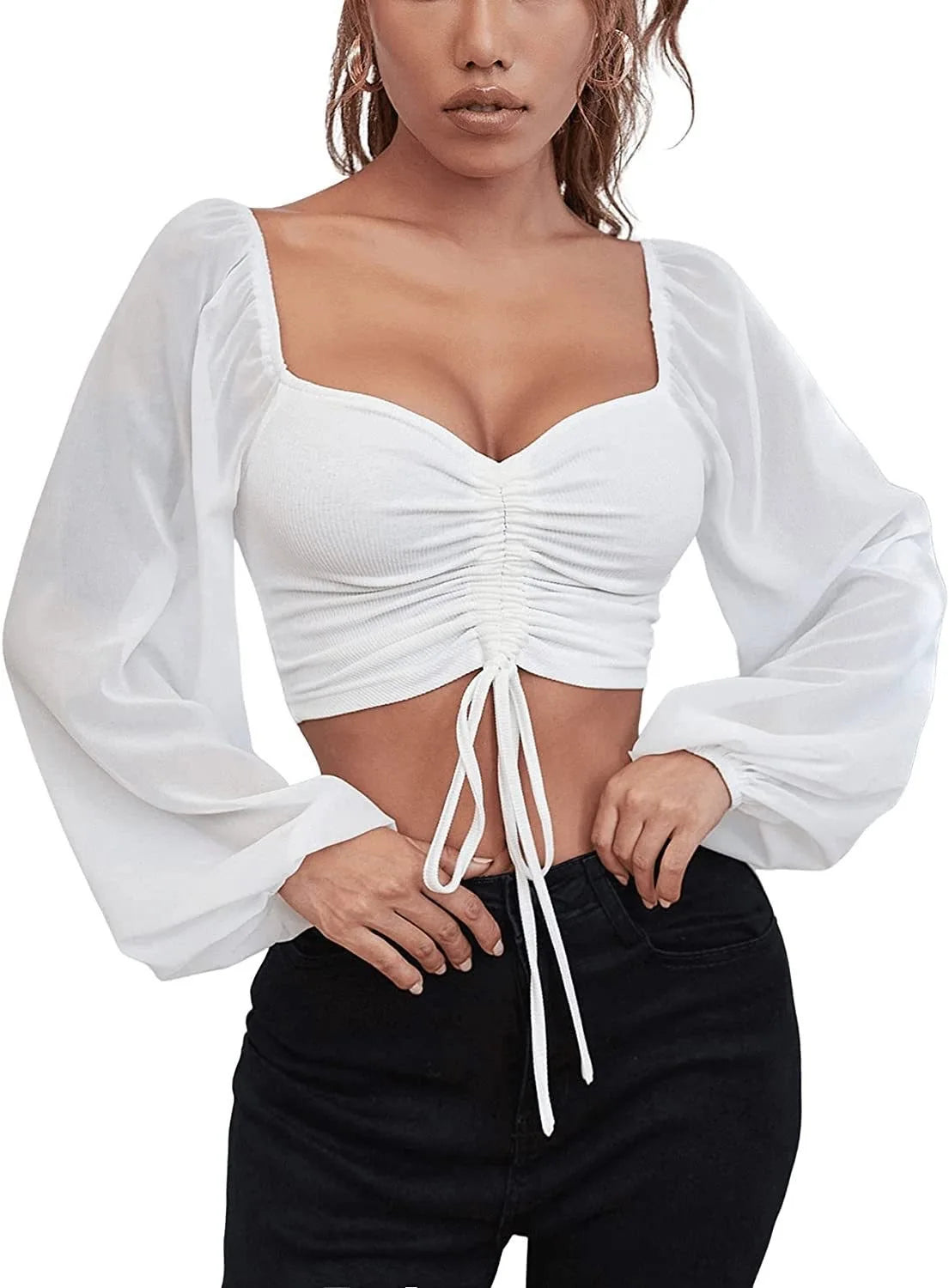 Women's Polo Shirt Brand Lantern Sleeve Polo Shirts For Women Drawstring Women's Casual Shirt Sexy Pulovers Womens Tops Blouses