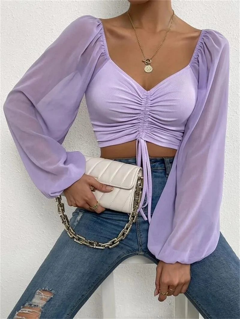 Women's Polo Shirt Brand Lantern Sleeve Polo Shirts For Women Drawstring Women's Casual Shirt Sexy Pulovers Womens Tops Blouses