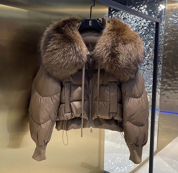 New 2023 Winter Puffer Jacket Women Thick Warm Short Parkas Real Natural Raccoon Fur Female Loose 90% White Duck Down Coat