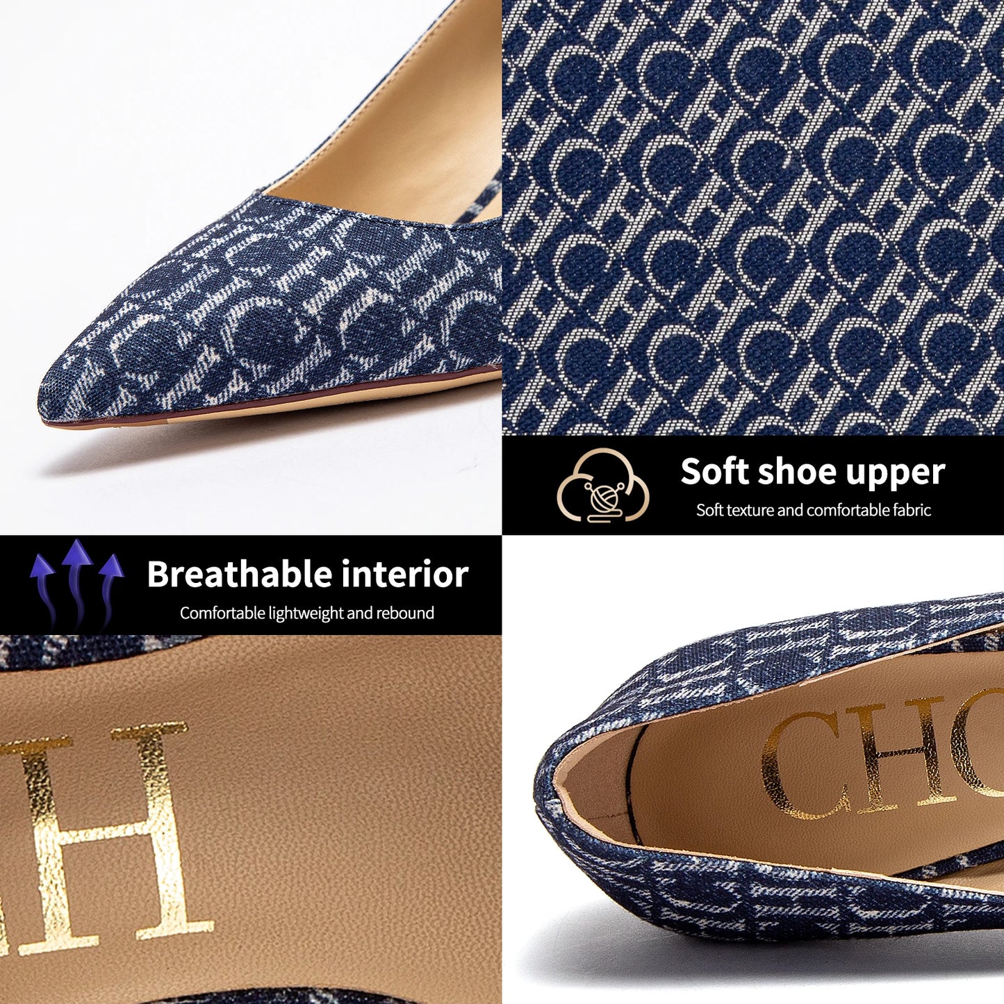 Classic style French ladies' high heels, shallow heel, letter cowboy print design, classic fashion.