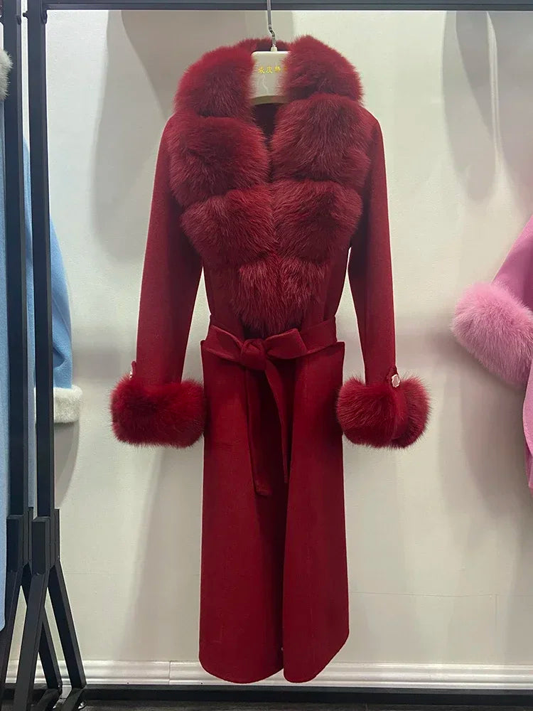 Fashion Women Winter Handmade Double Side 100% Woolen Red Color Real Fox Fur Collar Long Warm Female Wool Coat