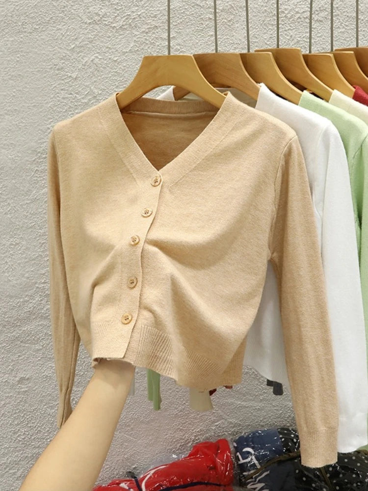 AOSSVIAO Korean Style V-neck Knitted Cardigan 2025 Autumn New Black Sweater Solid Color Long Sleeved Casual Tops