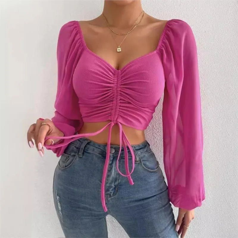 Women's Polo Shirt Brand Lantern Sleeve Polo Shirts For Women Drawstring Women's Casual Shirt Sexy Pulovers Womens Tops Blouses