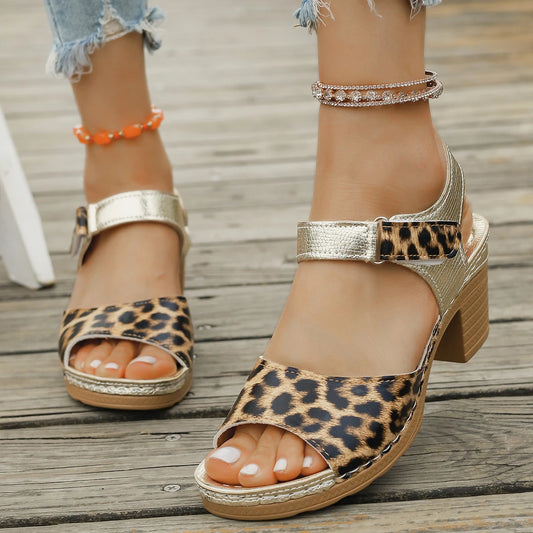 Retro Leopard Print Gold Sandals Women 2025 Summer High Heels Gladiator Sandals Woman Thick Heeled Platform Casual Shoes Mujer