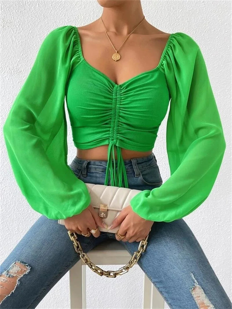 Women's Polo Shirt Brand Lantern Sleeve Polo Shirts For Women Drawstring Women's Casual Shirt Sexy Pulovers Womens Tops Blouses