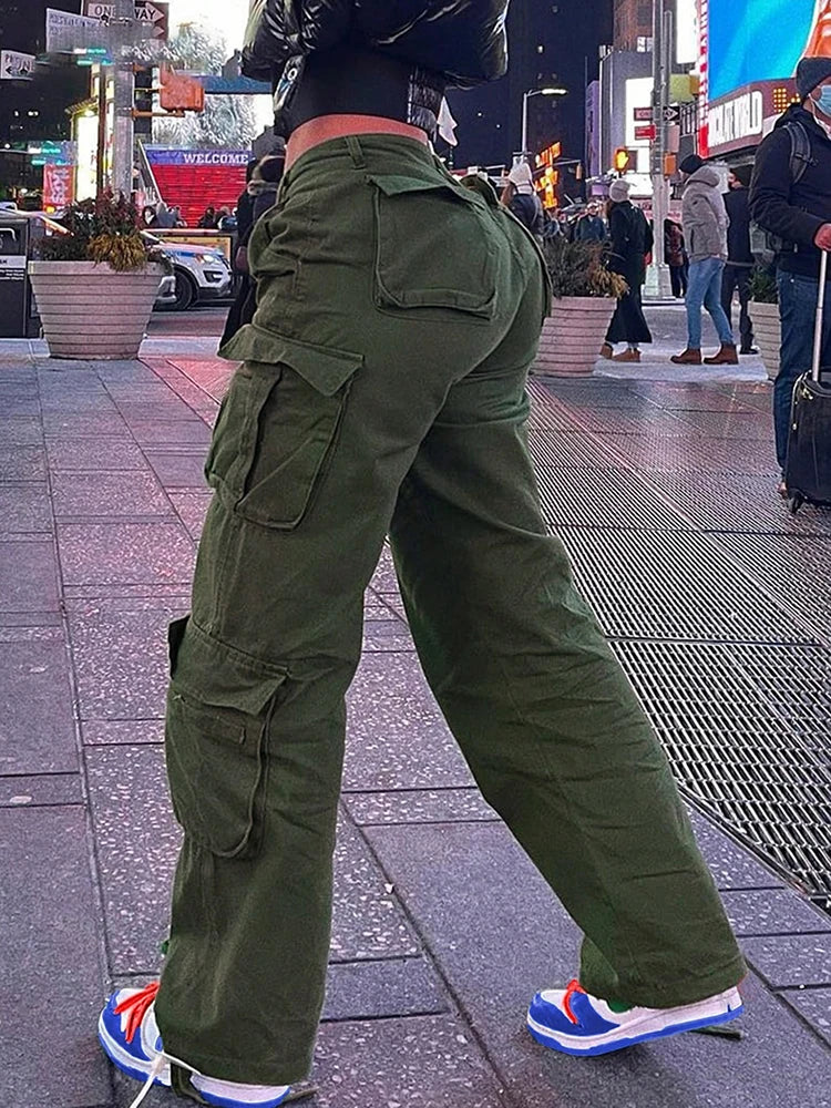 Womens New Denim Cargo Pants Retro Loose Trousers Multi Pocket Hip Hop Jeans Streetwear Wide Leg Casual Straight Pants TC708321