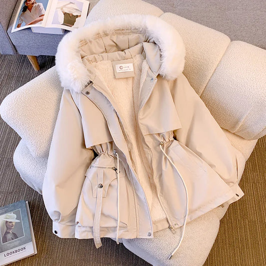 Autumn Winter Fleece Zipper Jackets Fashion Women Lined Hood Down Warm Padded Parkas Casual Office Lady Commute Puffer Coats