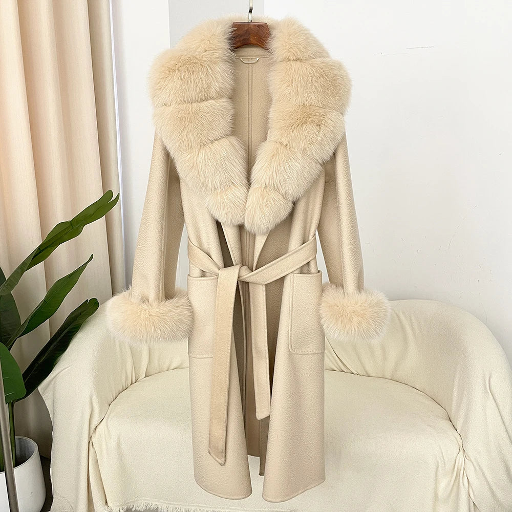 Fashion Women Winter Handmade Double Side 100% Woolen Red Color Real Fox Fur Collar Long Warm Female Wool Coat