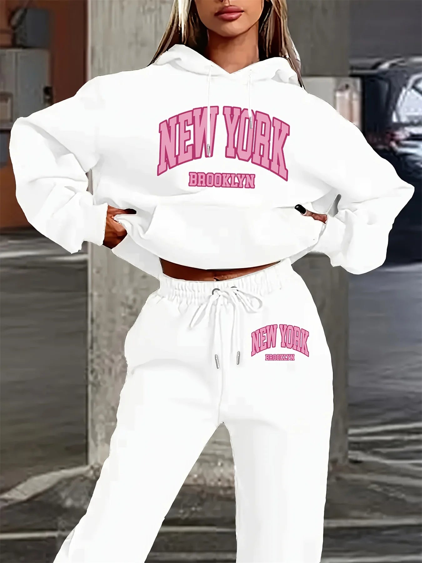 Women's Autumn/Winter Hoodie+Sports Pants Set for Street Casual New York Brooklyn Printed Fashion and Velvet Warm Clothing