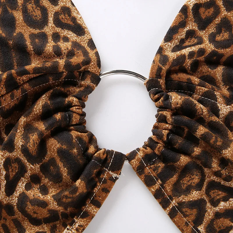 Leopard Printed Sexy Halter Crop Top Women Camis Backless Bandage Lace Up Sequins Metal Ring Tank Top 2021 Party Club Bustier