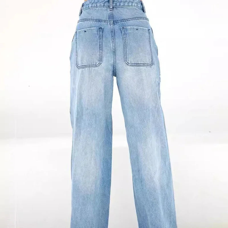 Women's Denim Pants Jeans High Waist Wide Leg Pants with Pockets Fashion Casual Long Trousers 2025 New Korean Streetwear