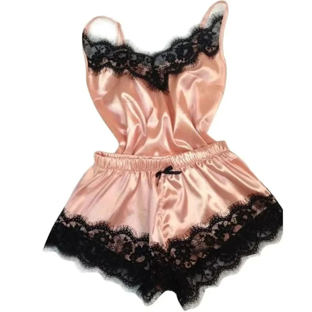 Fashion Bowknot Lace Pajama Suit Sleeveless V-Neck Shorts Camisole Nightdress Satin Ice Silk Loose Lace Sleepwear Sets Gifts