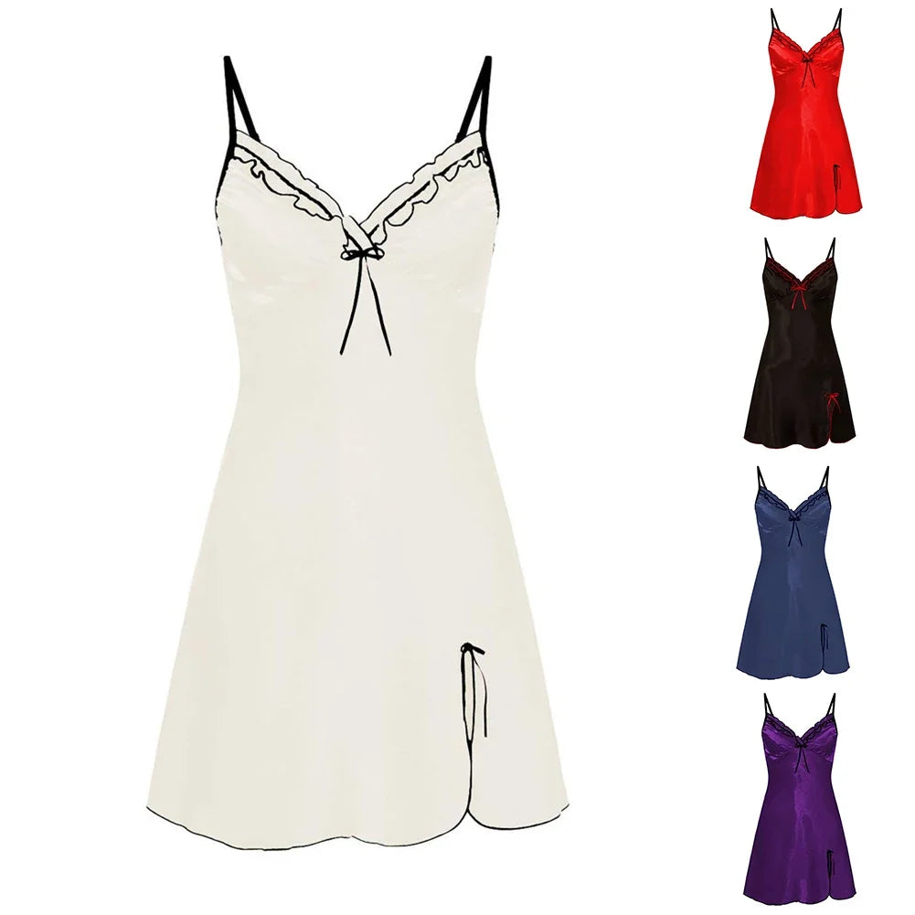 Women Night Dress Satin Soft Dress Smooth Silk Lingerie Sexy Adult A-Line Solid Nightgowns Breath Short Sleepwear Seduction Wear