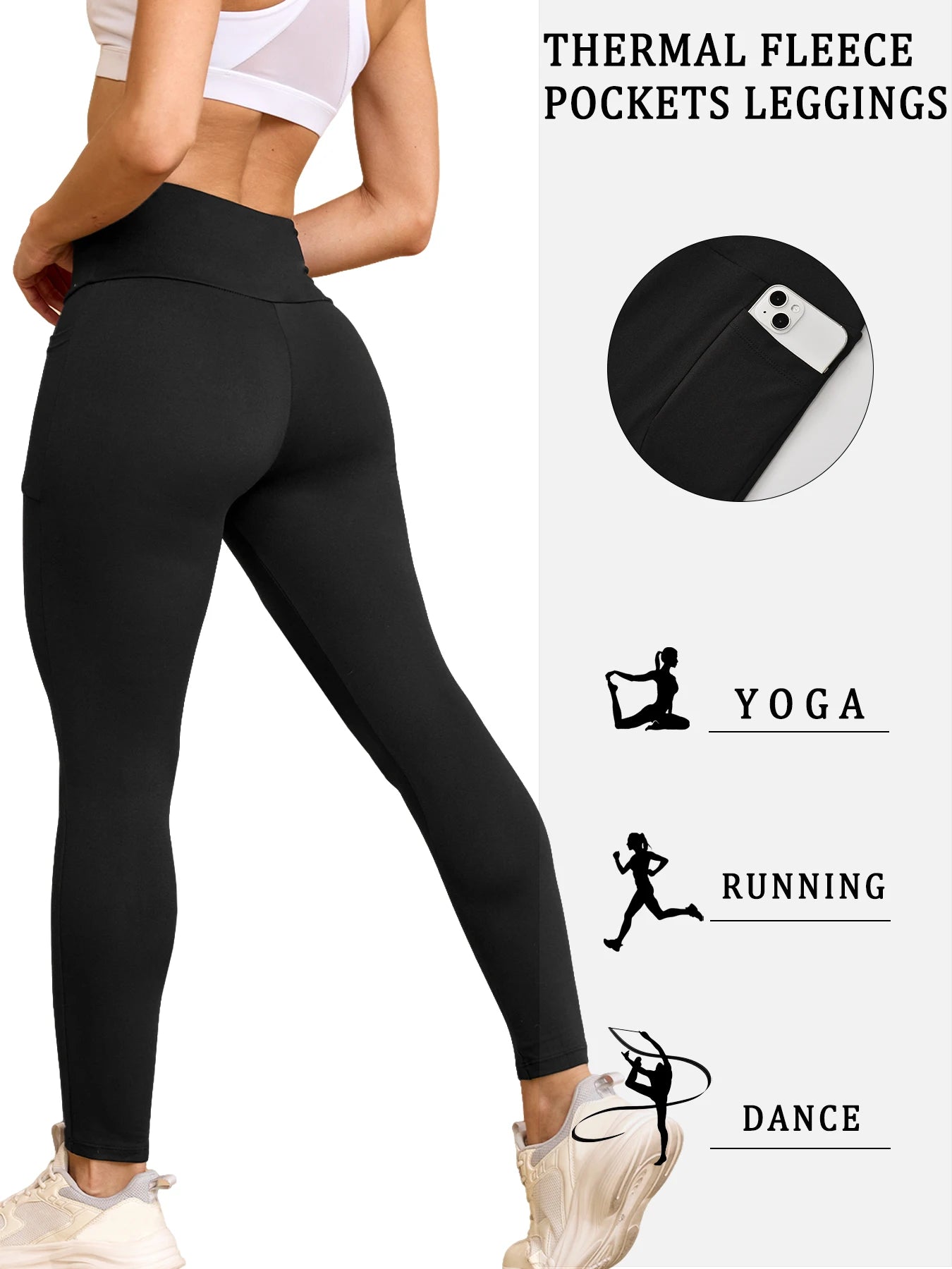 5 PACK Womens Thermal Fleece Lined High Waisted with pockets Leggings, Workout Winter Warm Thick Tights Soft Yoga Running Pants