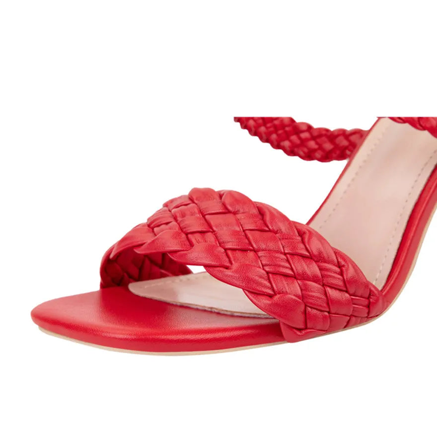 Fashion Weave Thick Heel Women's Slippers Square Toe Summer Casual Ladies Slides Red Orange Shoes Slip On Beach Sexy Pumps Woman