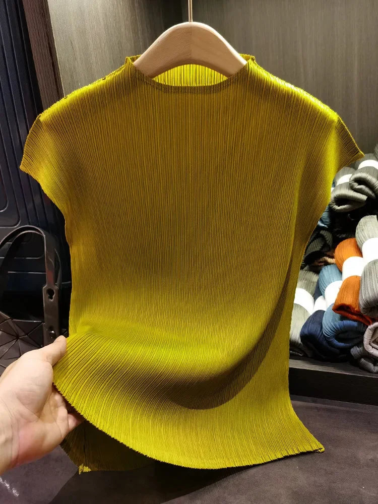 Miyake Versatile Classic Simple Solid Color Stand Up Collar Pleated Top Women Slim Slim Short Sleeve Miyake T-shirt Summer 2024