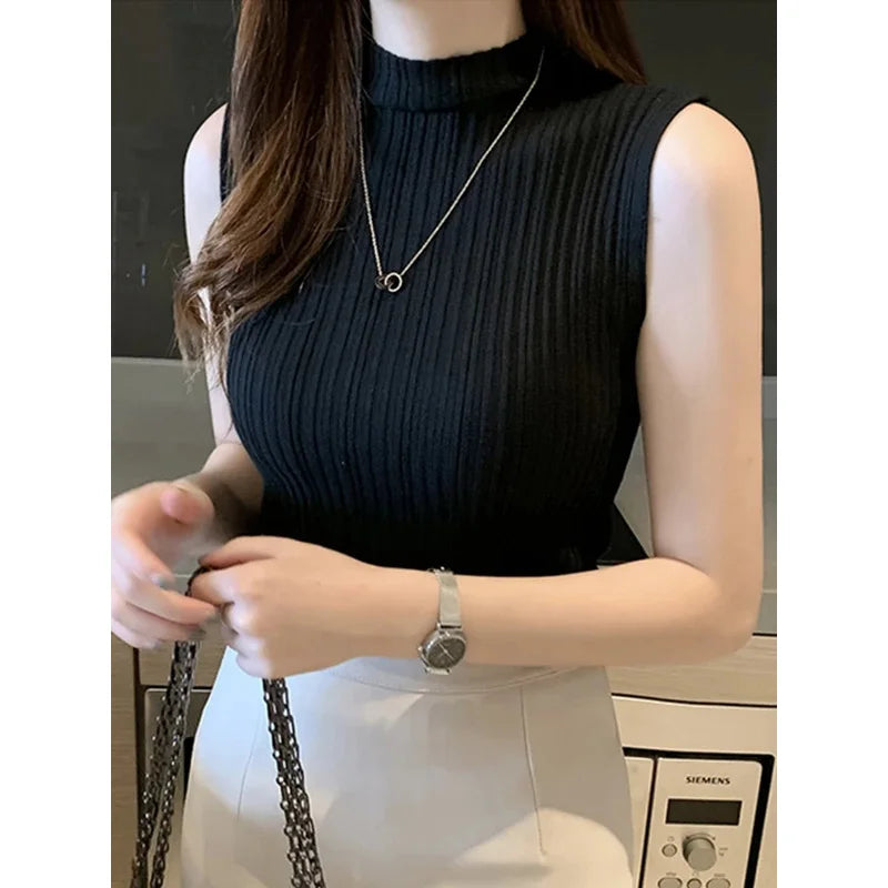 2024 Summer Turtleneck Ribbed Tank Tops Women Camisole Sleeveless Slim Female Stripe Croped Vest Casual Solid Camis Top