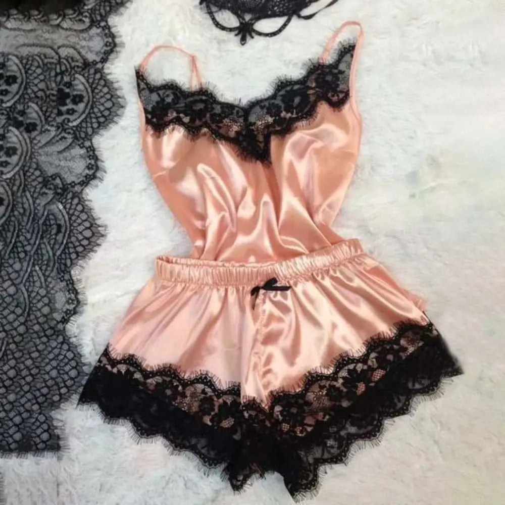 Fashion Bowknot Lace Pajama Suit Sleeveless V-Neck Shorts Camisole Nightdress Satin Ice Silk Loose Lace Sleepwear Sets Gifts