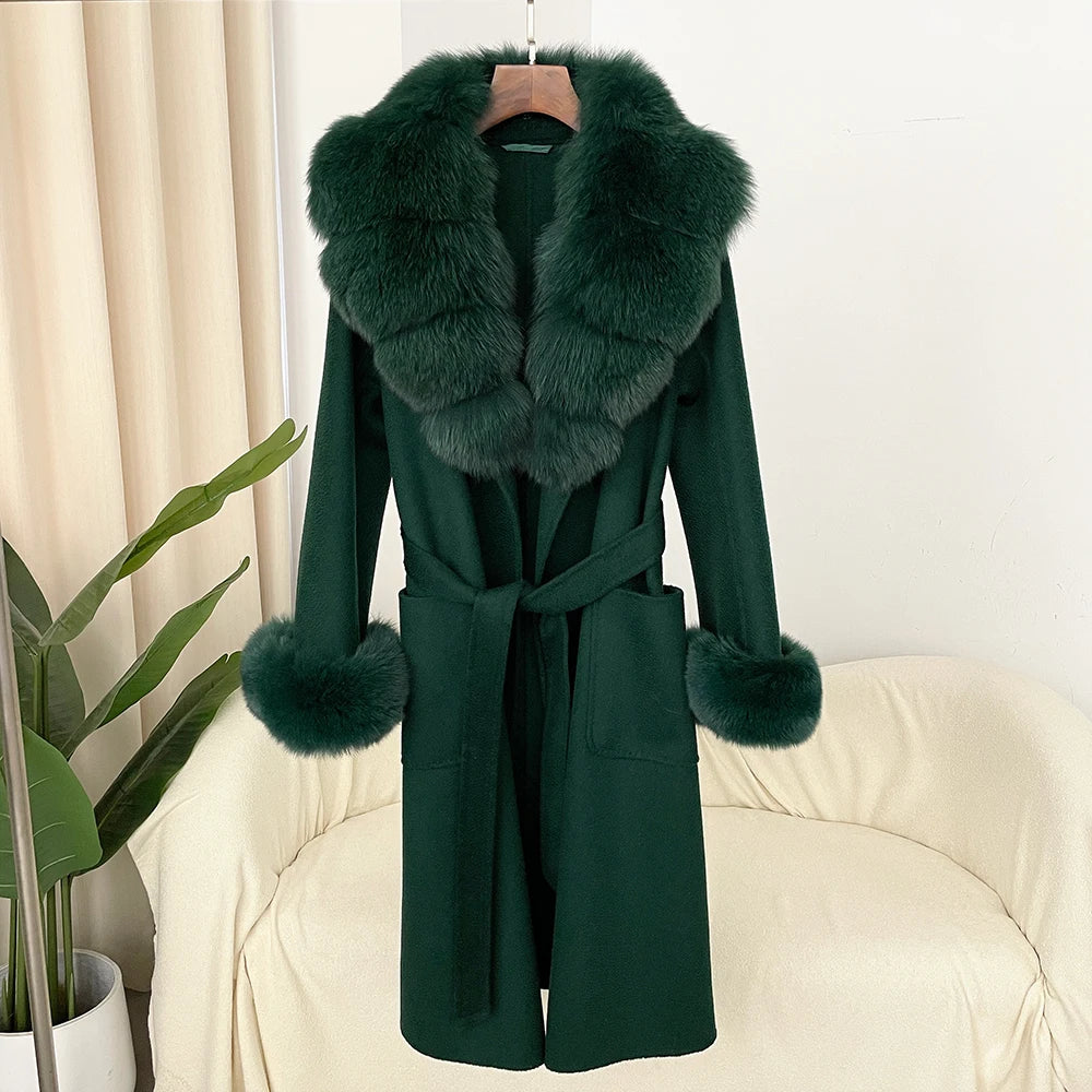 Fashion Women Winter Handmade Double Side 100% Woolen Red Color Real Fox Fur Collar Long Warm Female Wool Coat